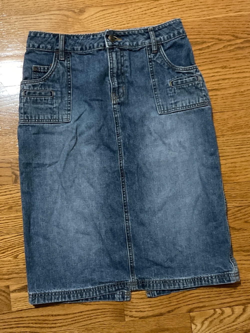 Midi denim skirt with 9 inches laying flat slit in back